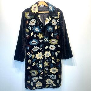 Maray Embroidered Black Velour Coat Duster Long Jacket Sz Small Boho Hippie